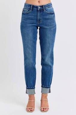 NEW JUDY BLUE mid rise wash boyfriend jeans with cuff in blue
